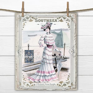 Piatto stampabile Seaside Fashion, 1900, grafica della spiaggia vittoriana, immagine digitale della rivista francese, costume da bagno. stampa digitale vecchio stile