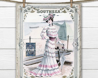 Printable Seaside Fashion plate, 1900, victorian beach graphic, French magazine digital image, swimsuit. old-fashioned, digital print