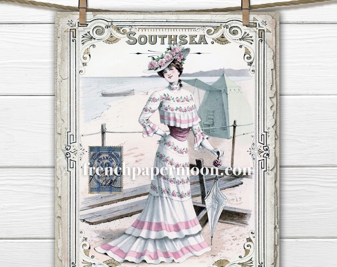 Printable Seaside Fashion plate, 1900, victorian beach graphic, French magazine digital image, swimsuit. old-fashioned, digital print