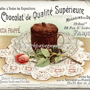 Cioccolata calda digitale, cibo francese shabby vintage, rose, bevanda al cioccolato, vecchia tipografia, trasferimento di immagini di grandi dimensioni, stampa da cucina