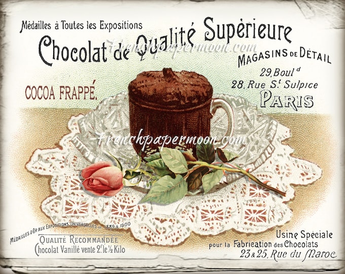 Hot Chocolate Digital, Vintage Shabby French Food, Roses, Chocolate Drink, Old Typography, Large Size Image Transfer, Kitchen Print