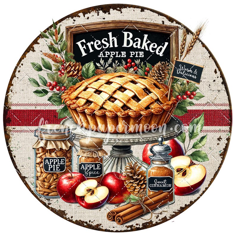 May include: A rustic round sign with a distressed metal finish featuring a freshly baked apple pie on a white pedestal. The sign also includes jars of apple pie and apple spice, a jar of cinnamon, and red apples. The sign reads "Fresh Baked Apple Pie" and "Warm & Delicious".