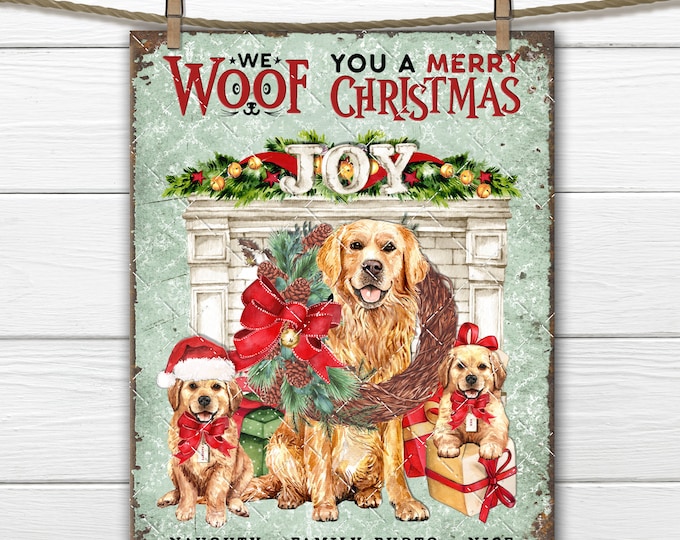 Christmas Golden Retriever Fireplace Print Puppies Presents Gifts Dog Lover DIY Sign Making Fabric Transfer Wreath Accent Home Decor Digital