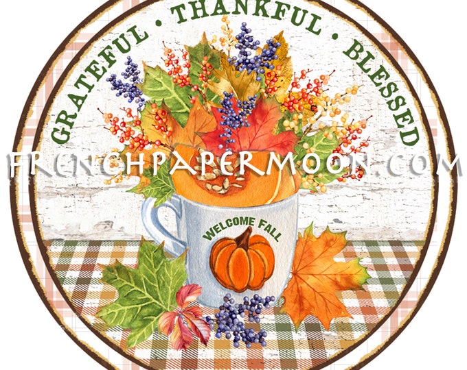 Autumn Leaves, Cup of Leaves, Thanksgiving, Circle, Square, Sublimation Graphic, Digital, Wood, PNG, Door Hanger, Round, Iron-on transfer