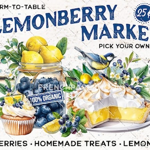 Farmhouse Fruit Lemons Blueberries Lemon Meringue Pie Bluebird Blueberry Mason Jar DIY Sign Making Fabric Transfer Digital Home Decor Print