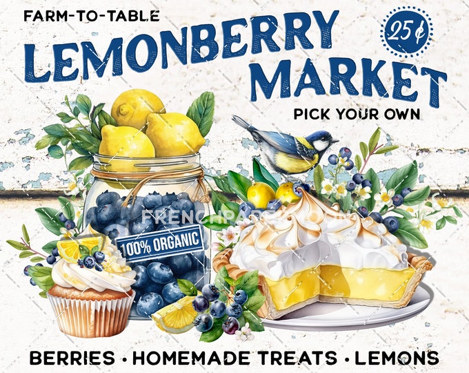 Farmhouse Fruit Lemons Blueberries Lemon Meringue Pie Bluebird Blueberry Mason Jar DIY Sign Making Fabric Transfer Digital Home Decor Print