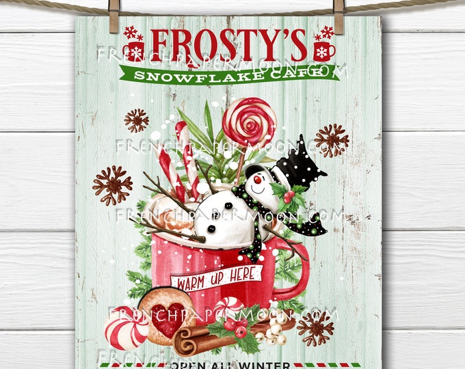 Snowman Hot Chocolate Frosty's Snowflake Cafe Xmas Candy Winter Drink DIY Christmas Sign Making Wreath Accent Home Decor, Crafts PNG Digital