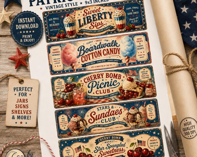 Patriotic Vintage Label Set of 5 | 4th of July Printable Labels | Americana Farmhouse | Cherry, Ice Cream, Cotton Candy | Digital Download