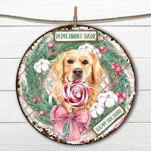 May include: A round metal sign with a distressed finish featuring a golden retriever dog with a red and white candy cane in its mouth. The dog is surrounded by a wreath of pine branches, cotton bolls, and red berries. The sign also includes the text "Peppermint Park" and "Happy Holidays".