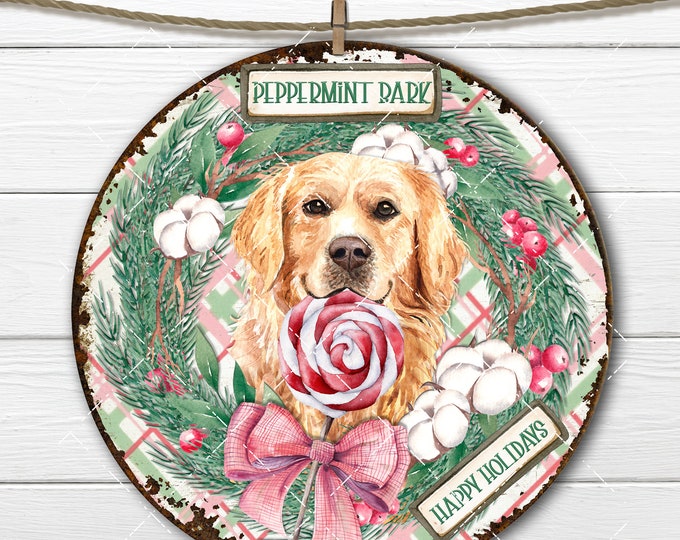 Peppermint Bark Golden Retriever Christmas Circle Sublimation Design 8x8 inch round PNG Xmas Decor Crafts Wreath Accent Image Transfer