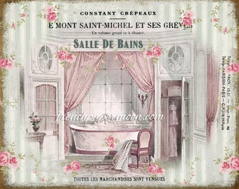 May include: A vintage illustration of a bathroom interior with a white clawfoot bathtub, pink curtains, and a floral wallpaper pattern. The text "CONSTANT CRÉPEAUX E MONT SAINT-MICHEL ET SES GREVLO Un volume grand-in-4 illustré. SALLE DE BAINS" is visible at the top of the image.