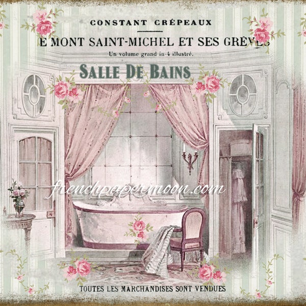 French Bathroom, Salle de Bain, Shabby Victorian Bathtub, French Bathroom Print, Instant Download Graphic, Bathroom Print