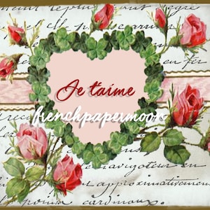 Shabby French Valentine Digital, Roses, French Typography, Love, Jetaime, Valentine Pillow, Large Image Graphic Transfer