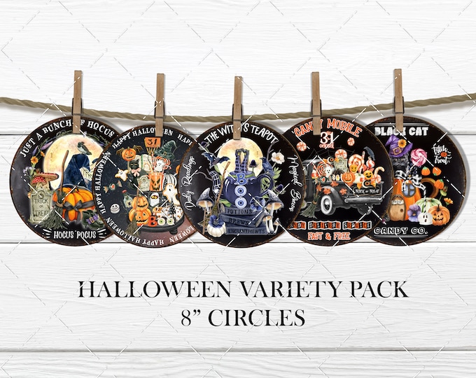 Halloween Circle Sublimation Pack, Halloween Round Door Hanger, Black Cat, Tiered Tray, Witch, Ghost, Wreath Accent, Fabric Transfer, Crafts