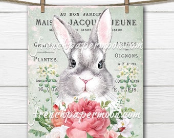 愛らしい水彩画のウサギ、印刷可能な赤ちゃんウサギ、イースター、春の花、フランスの枕画像、昇華、透明、デジタル、工芸品