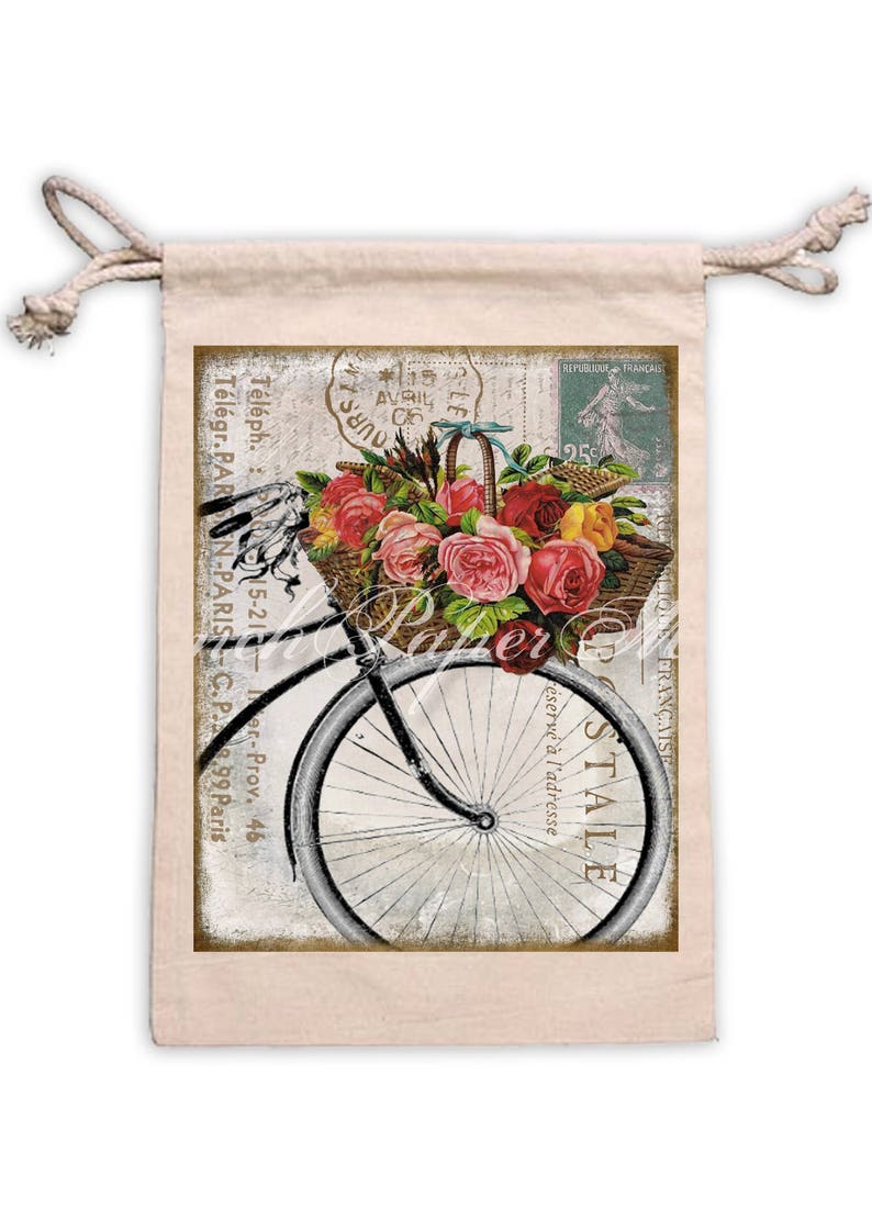 Shabby French Bike Postcard, Carte Postale, Paris Postcard, Flower Basket, Journal Digital. Fabric Transfer image 3