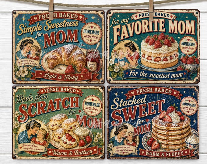 Vintage Mother’s Day Metal Sign PNG Bundle, Retro Bakery Kitchen Wall Art, Farmhouse Mom Decor, Printable Gift 10x8