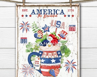 May include: A white sign with red, white, and blue stars and stripes. The sign says "EST. AMERICA The Beautiful 1776" and features a red, white, and blue mug with a patriotic design. The mug is filled with red, white, and blue berries, flowers, and fireworks.