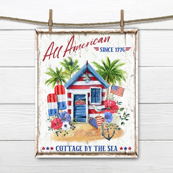 4th of July Beach House DIY Sign, American Summer, Stars Stripes, Beach Cottage, Red White Blue, Fabric Transfer, Tiered Tray Decor, UPrint