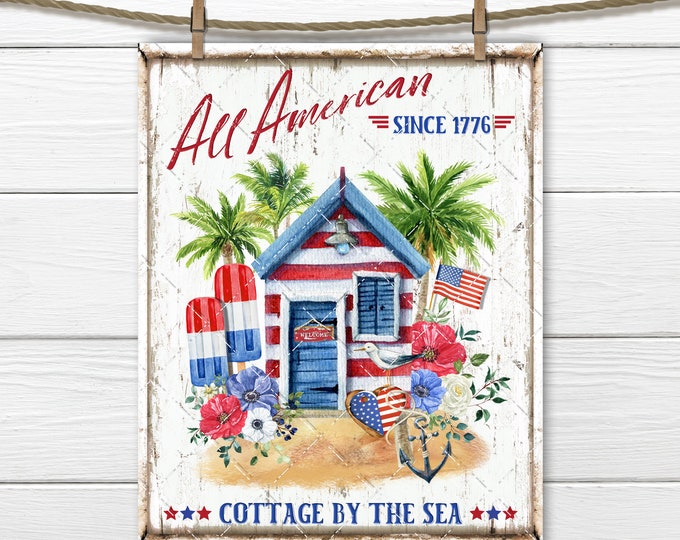 4th of July Beach House DIY Sign, American Summer, Stars Stripes, Beach Cottage, Red White Blue, Fabric Transfer, Tiered Tray Decor, UPrint