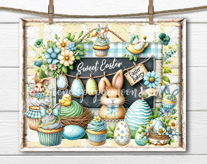 Sweet Easter Bakery, Cupcakes, Cake Pops, Easter Eggs, Cookies, Yellow and Blue, Fabric Transfer, Digital PNG Sublimation, Heat Press Print