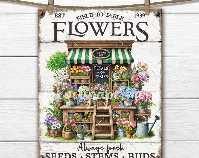 Rustic Farmhouse Otdoor Flower Market, Spring Flowers, Planters, Watering Cans, Pick your own, Farmstyle digital PNG Sublimation, Home Decor