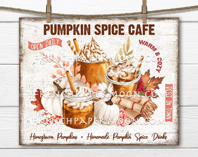 Pumpkin Spice, Fall Cafe, Pumpkin Drinks, Autumn Drinks, Fall Leaves, DIY Pumpkin Spice Sign, Fall Wreath Accent, Fabric Transfer, Digital