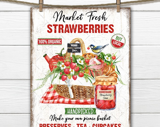 Strawberry Market Sign, Summer Strawberries, Picnic Basket, Jam, DIY Sign, Tiered Tray Decor, Fabric Transfer, Wreath Accent, Digital, Image