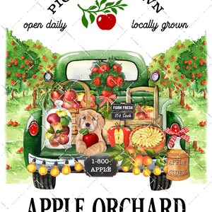 Pu&ograve; includere: Un camioncino vintage verde pieno di mele, un cucciolo di golden retriever e torte di mele. Il camioncino &egrave; circondato da alberi di mele e ha un cartello che dice "Raccogli le tue mele" e "Coltivate localmente". C'&egrave; anche un cartello che dice "Fresche dalla fattoria 25&cent; l'una".