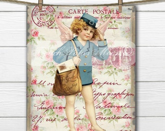 Vintage Digital Valentine Mailman, Shabby Chic, French Postal Graphics, French Pillow Transfer Graphic, Instant Download