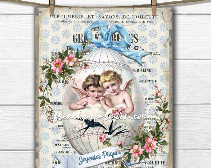 French Shabby Easter Egg Printable, Easter Angels, Spring Graphic, French Pillow Image, Vintage Roses, Easter Transfer, Sublimation, Crafts