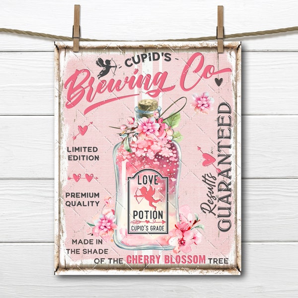 Cupid's Brewing Company Pink Valentine Love Potion Bottle Digital Print DIY Sign Making Wreath Accent Tiered Tray Home Decor Fabric Transfer