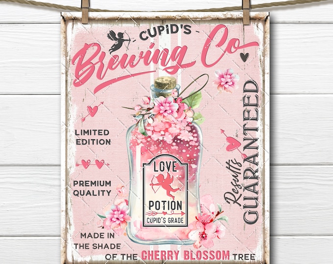 Cupid's Brewing Company Pink Valentine Love Potion Bottle Digital Print DIY Sign Making Wreath Accent Tiered Tray Home Decor Fabric Transfer