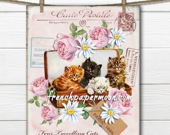 Op de afbeelding: Vintage ansichtkaart met vier kittens in een koffer met roze rozen en madeliefjes. De ansichtkaart heeft de tekst "Four Travelling Cats" en "Paris, 1889."