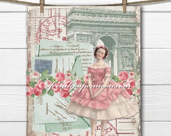 French Ballerina Girl Digital Printable, Shabby Chic Arc De Triomphe, Roses, French Graphics, Large Image, Pillow Transfer