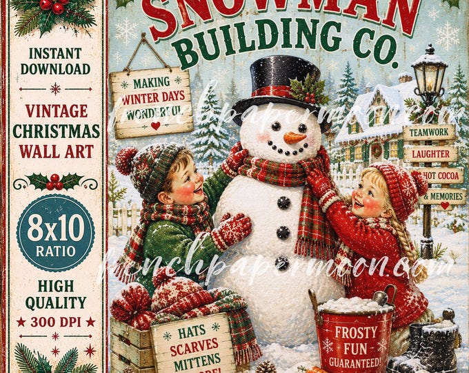 Vintage Snowman Christmas Clipart | Snowman Building Co. Winter Printable Holiday Crafts DIY