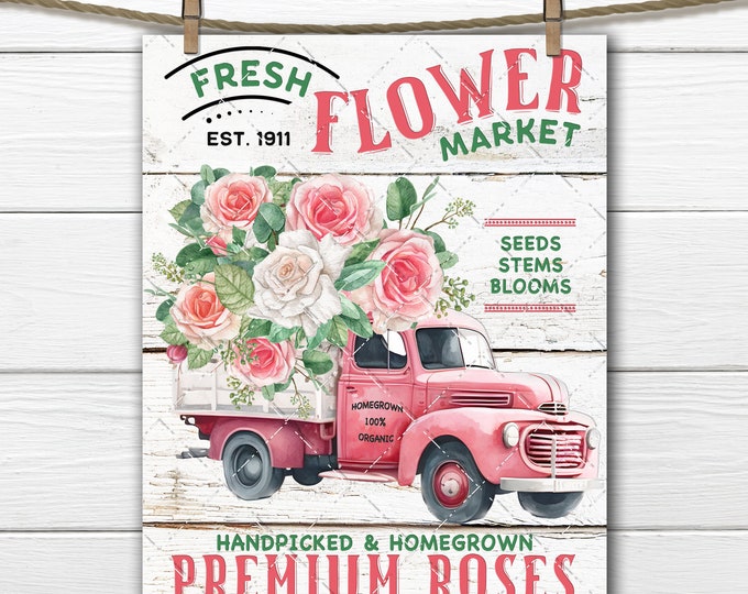 Pink Farmhouse Flower Market Retro Truck Spring Roses DIY Sign Making Fabric Transfer Tiered tray Home Decor Sign Digital Wreath Accent PNG