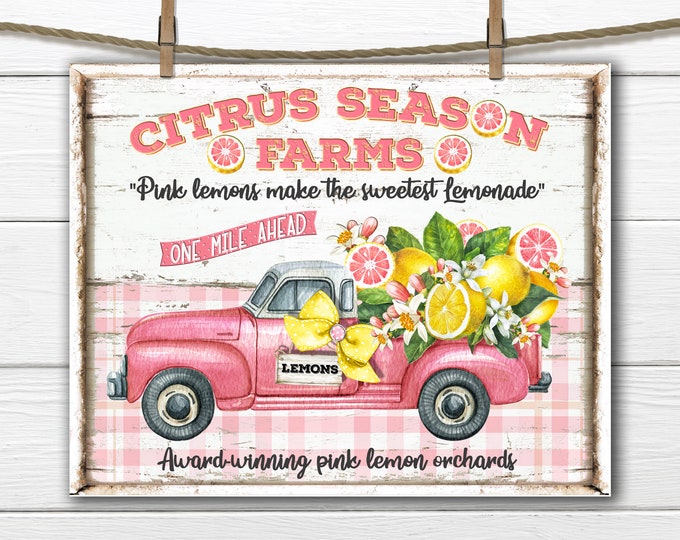 Farmhouse Summer Fruit Truck, Lemons, Pink Lemons, Lemon Orchard, Tiered Tray Decor, Wreath Accent, Fabric Transfer, Digital Print, UPrint