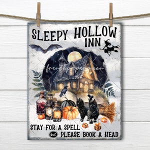 Halloween night Sleepy Hollow Spooky Black Cat Potions Spellbook Digital DIY Sign Making Fabric Transfer Home Decor Printable Wreath Accent