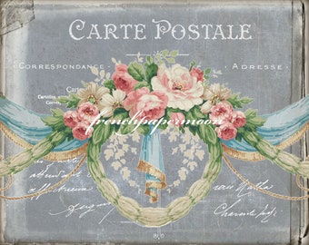 May include: A vintage postcard with a blue and white floral design. The text "CARTE POSTALE" is printed in black at the top of the card. The text "CORRESPONDANCE" and "ADRESSE" are printed in black at the top of the card. The text "frenchpapermoon" is printed in black in the center of the card.