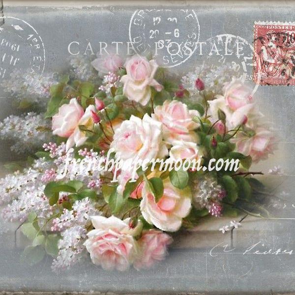 Impresión digital de rosa antigua, gráficos franceses, Shabby Chic, imagen de almohada, decoupage, descarga de imagen grande