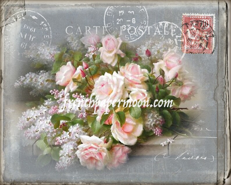 May include: A vintage postcard featuring a bouquet of pink roses and white lilac flowers. The postcard has a French stamp with the text "Carte Postale" and a handwritten date.