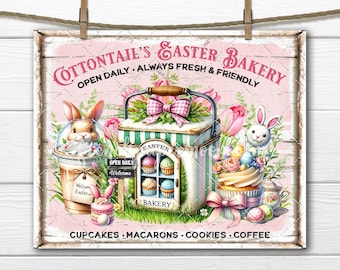 Adorable Easter Bunny Bakery, Cottontails Easter Bakery, Coffee, Cookies, Cupcakes, Spring Garden, Fabric Transfer, Decoupage, DIY Sign PNG