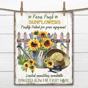 Farmhouse Sunflowers, Sunflower, Digital, Watering Can, Picket Fence, DIY Spring Sign, Wreath Decor, Pillow Image, Kitchen Decor, PNG, Wood