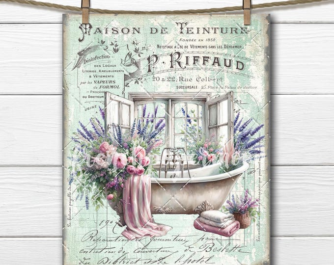 FRENCH BATHTUB LAVENDER, Victorian Bath Graphic, Shabby Bathroom Print, Salle de Bain, French Bathroom Decor Digital Fabric Transfer png