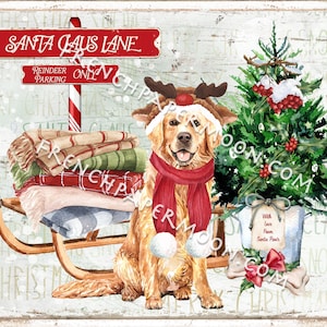 Kerstman Hond Kerstbord, Rendier, Golden Retriever Kerstmis, Doggo Kerstmis, Kerstmuurdecoratie, Kussenafbeelding, Kransbijlage, PNG
