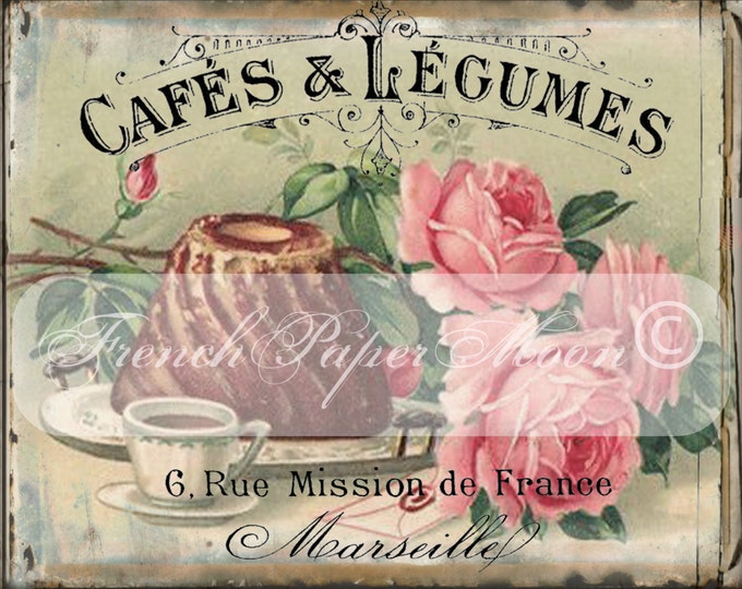 Vintage Digital French Cafe, Shabby Chic Roses, Cake, French Graphics, Instant Download French Pillow Graphic Transfer Image