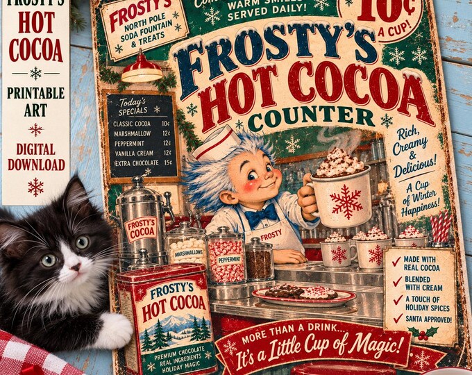 Retro Hot Cocoa Printable Wall Art, Retro Christmas Jack Frost Cocoa Counter Sign, Holiday Coffee Bar Poster, Digital Download