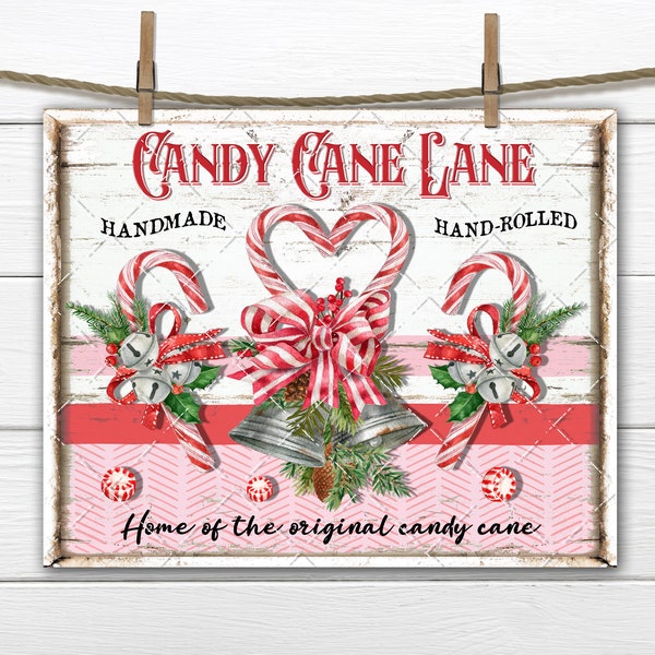 Candy Cane Lane, Digital Christmas Sign, DIY Sign, Pink Candy Cane, Peppermint Heart, Wreath Accent, Fabric Transfer, Xmas Home Decor Print