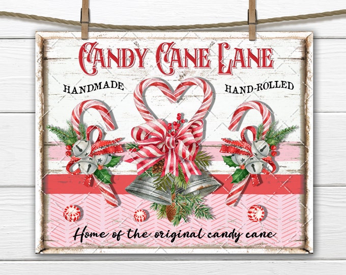 Candy Cane Lane, Digital Christmas Sign, DIY Sign, Pink Candy Cane, Peppermint Heart, Wreath Accent, Fabric Transfer, Xmas Home Decor Print